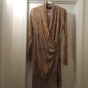 Norma Kamali Giraffe animal print Faux Wrap dress long sleeve stretchy M